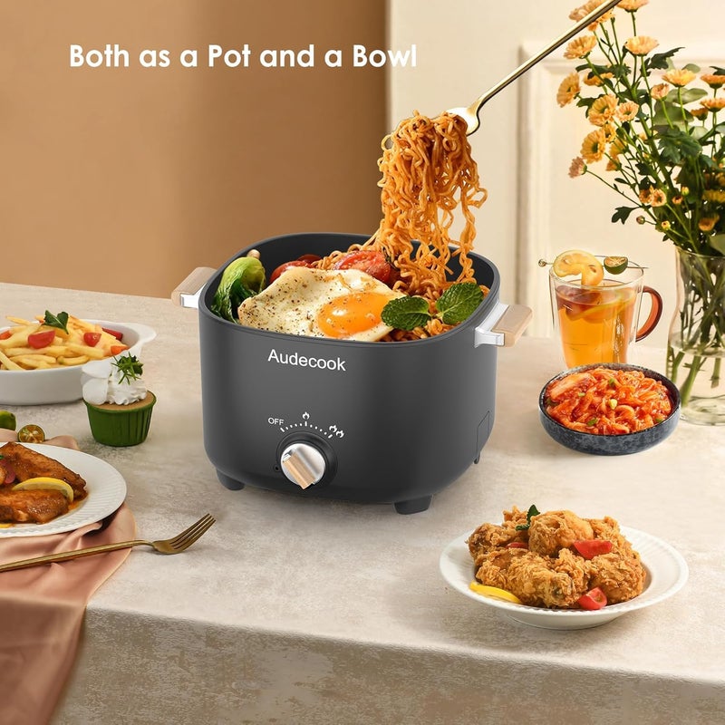 Audecook Hot Pot Electric, 2.5L Portable Nonstick Multicooker for 1-3 Persons, Honeycomb Texture Travel Electric Skillet with Dual Power Temperature Control for Steak/Egg/Noodles/Oatmeal (Black) - Image 4